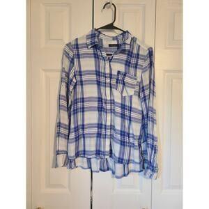 Max jeans xs women's button down plaid ruffle tail long sleeve shirt